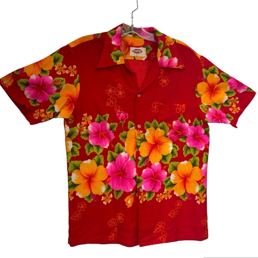 Pomare Vintage 60s Hawaiian Floral Orchid Print Button Up Shirt Top Graphic Mens